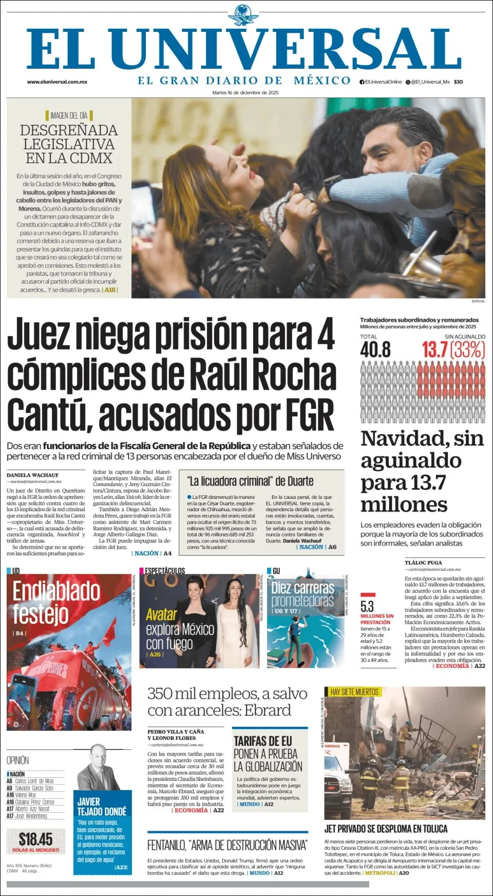 Portada de El Universal del martes, 16 de diciembre de 2025