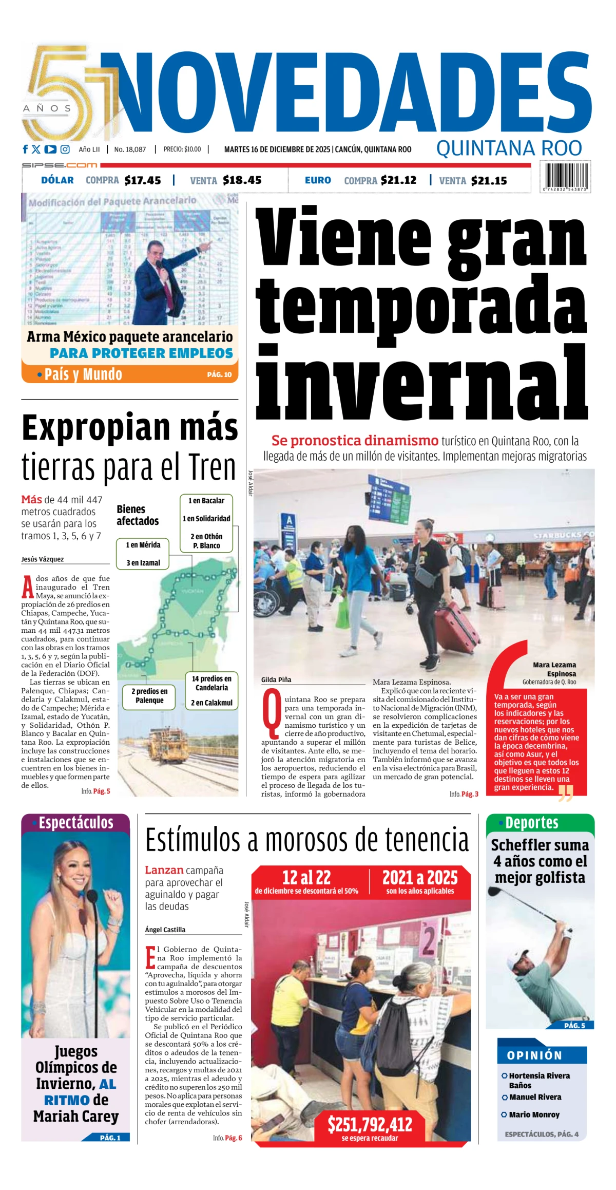 Portada de Novedades Quintana Roo del martes, 16 de diciembre de 2025