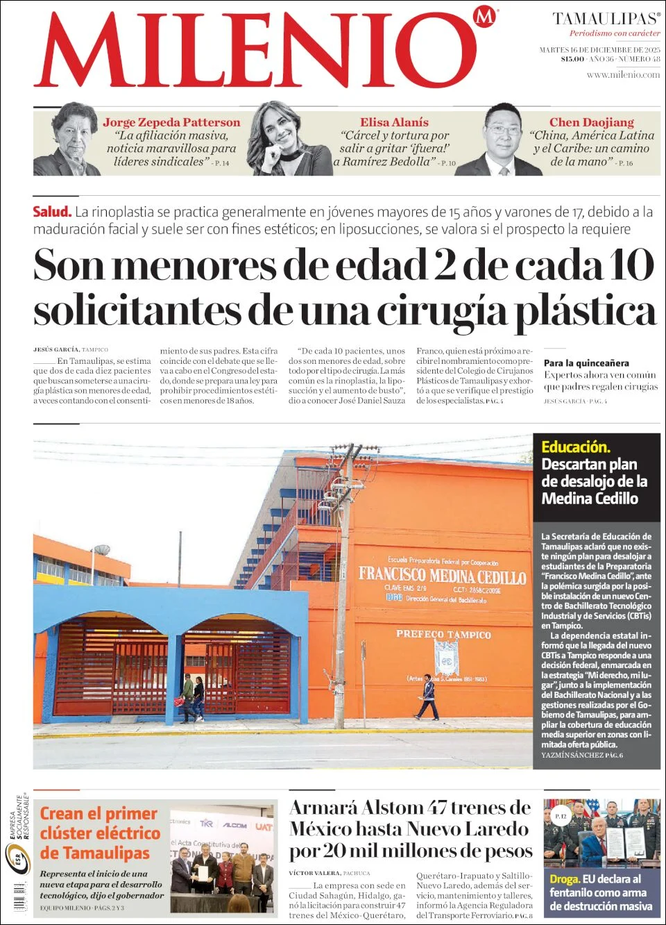 Portada de Milenio Tamaulipas del martes, 16 de diciembre de 2025