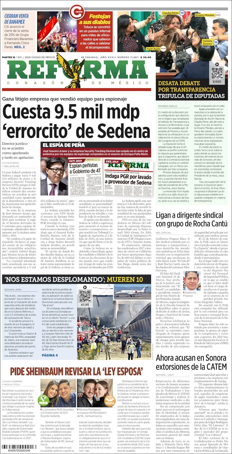 Portada de Reforma del martes, 16 de diciembre de 2025