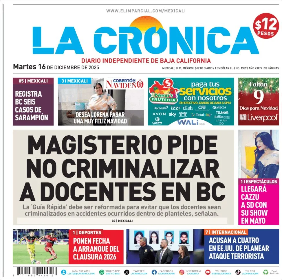 Portada de La Cronica del martes, 16 de diciembre de 2025
