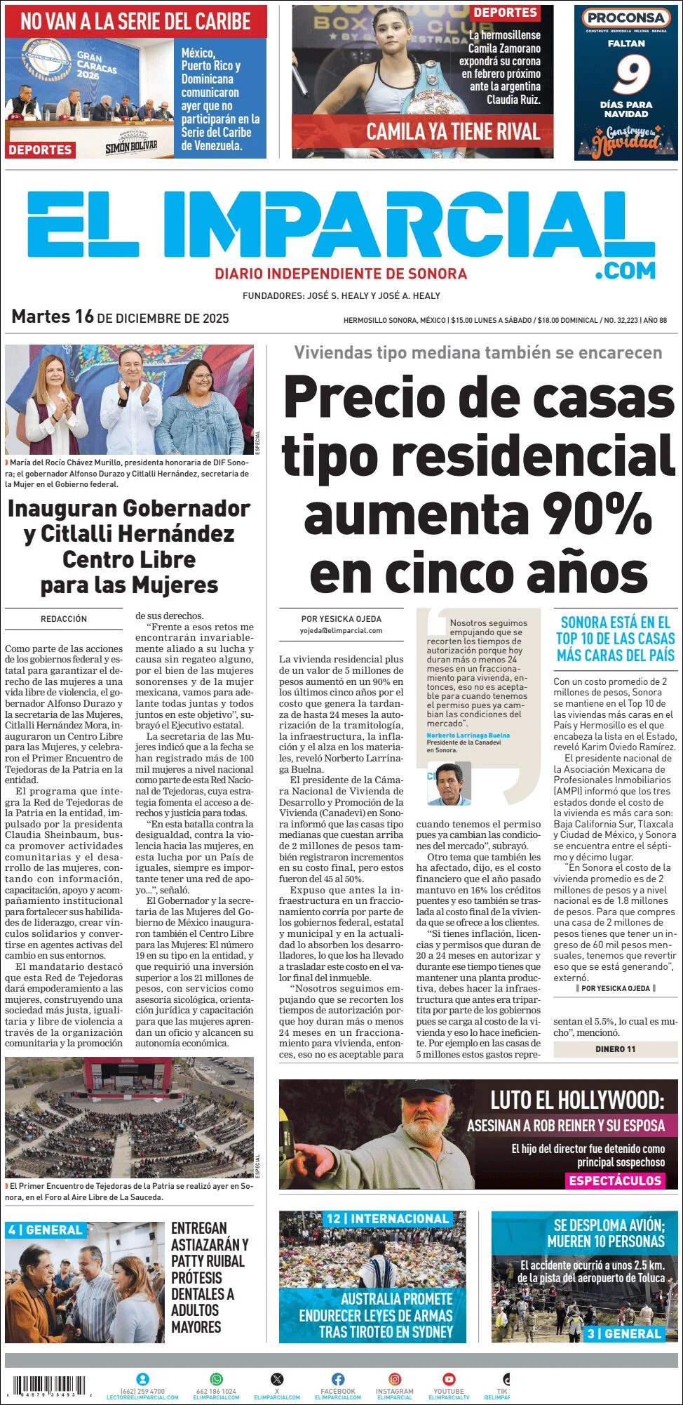 Portada de El Imparcial del martes, 16 de diciembre de 2025