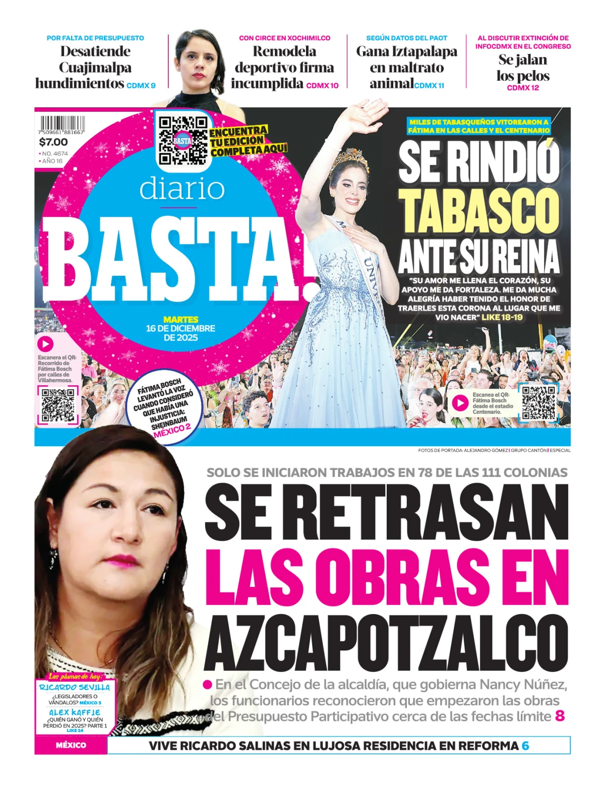 Portada de Basta! (portada) del martes, 16 de diciembre de 2025