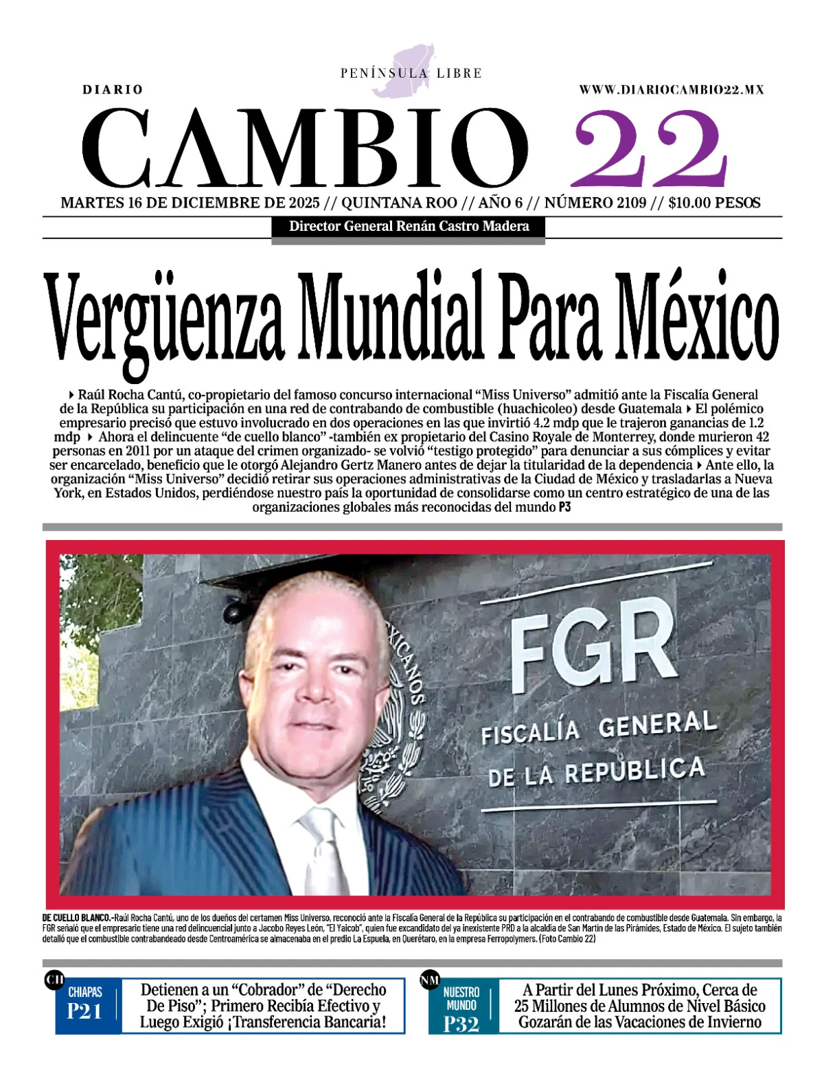 Portada de Diario Cambio 22 (contraportada) del martes, 16 de diciembre de 2025