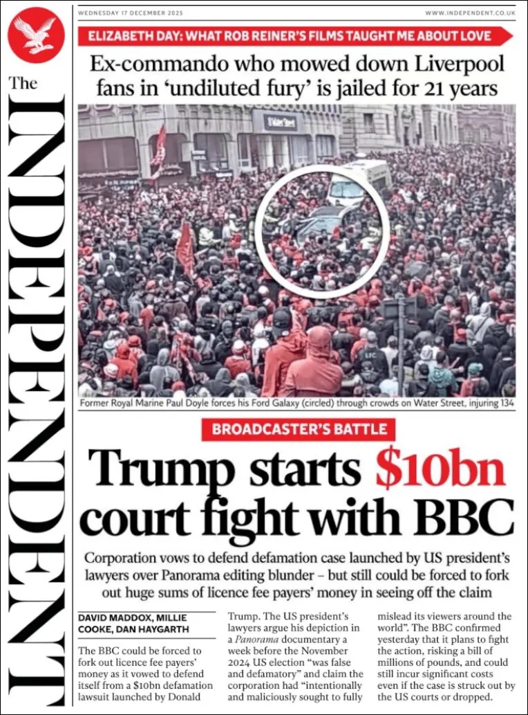 Portada de The Independent del miércoles, 17 de diciembre de 2025
