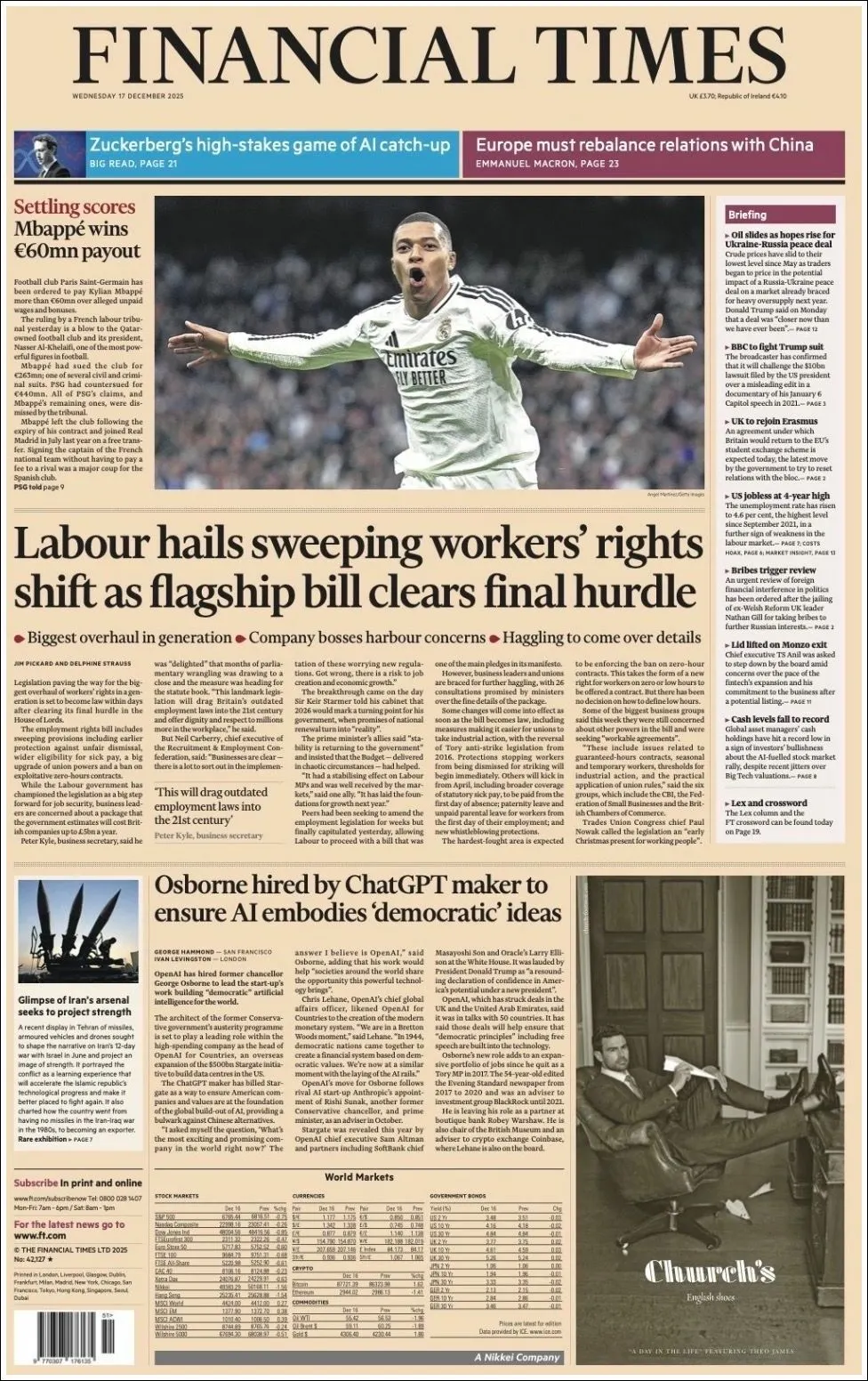 Portada de Financial Times del miércoles, 17 de diciembre de 2025