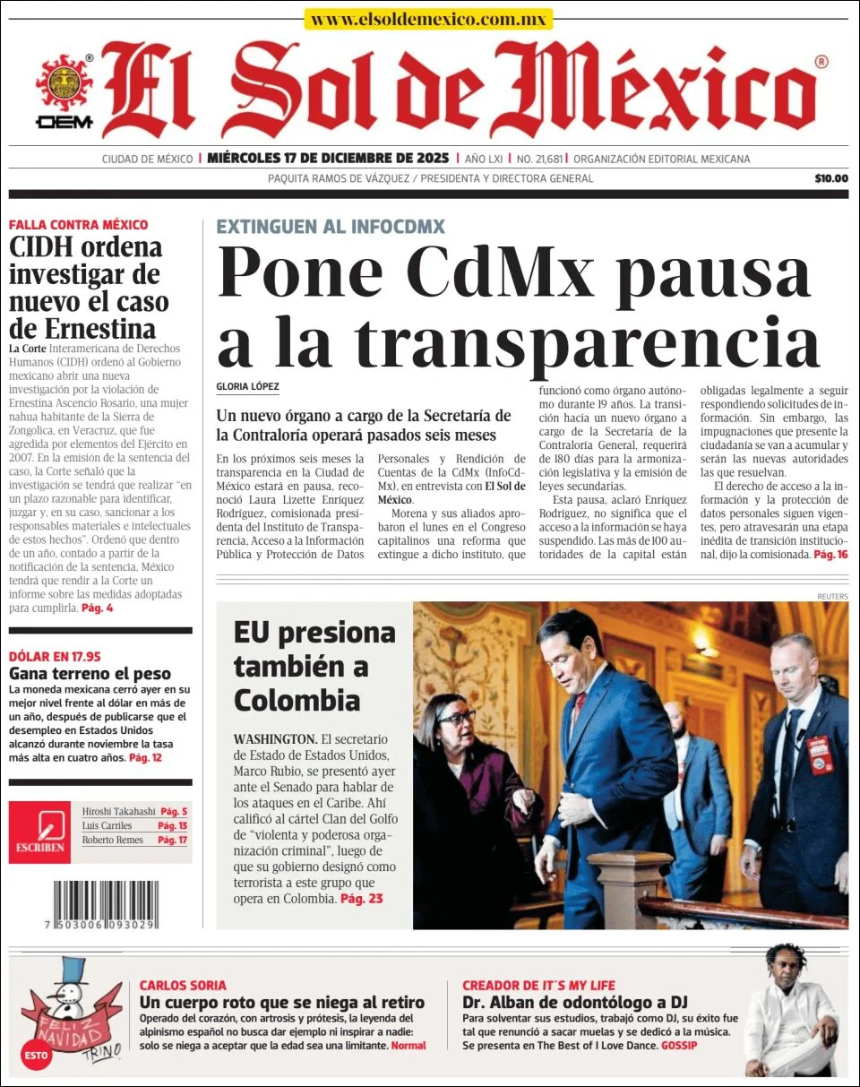 Portada de El Sol de Mexico del miércoles, 17 de diciembre de 2025
