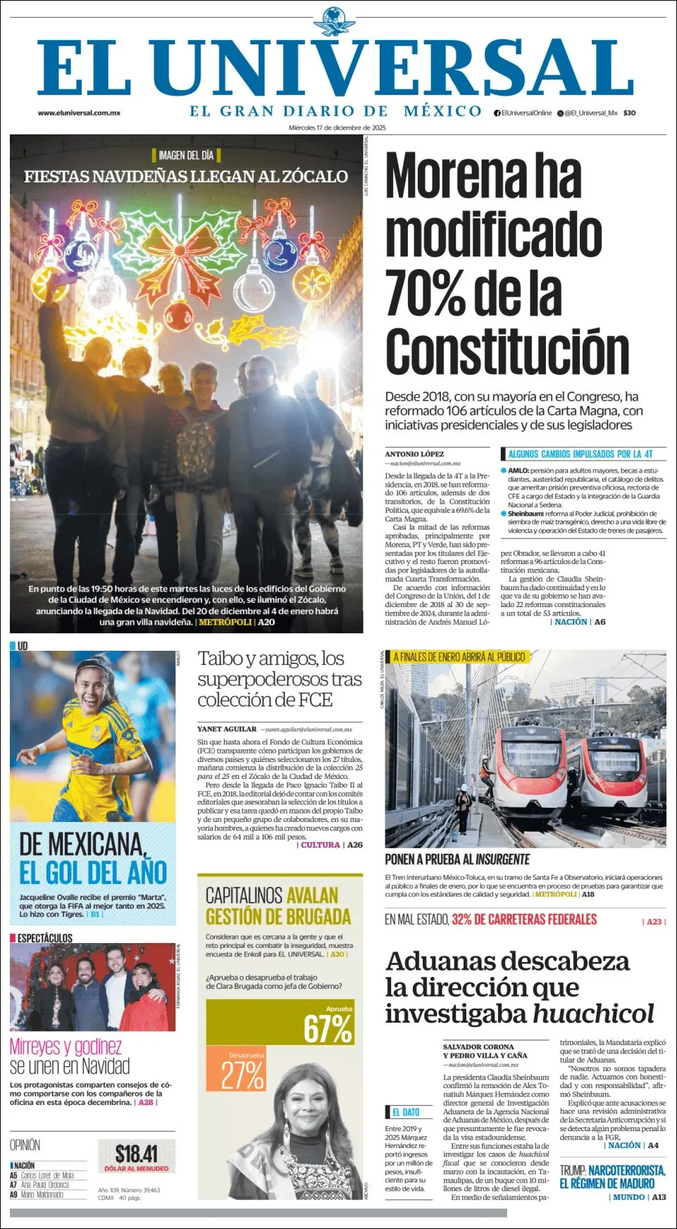 Portada de El Universal del miércoles, 17 de diciembre de 2025