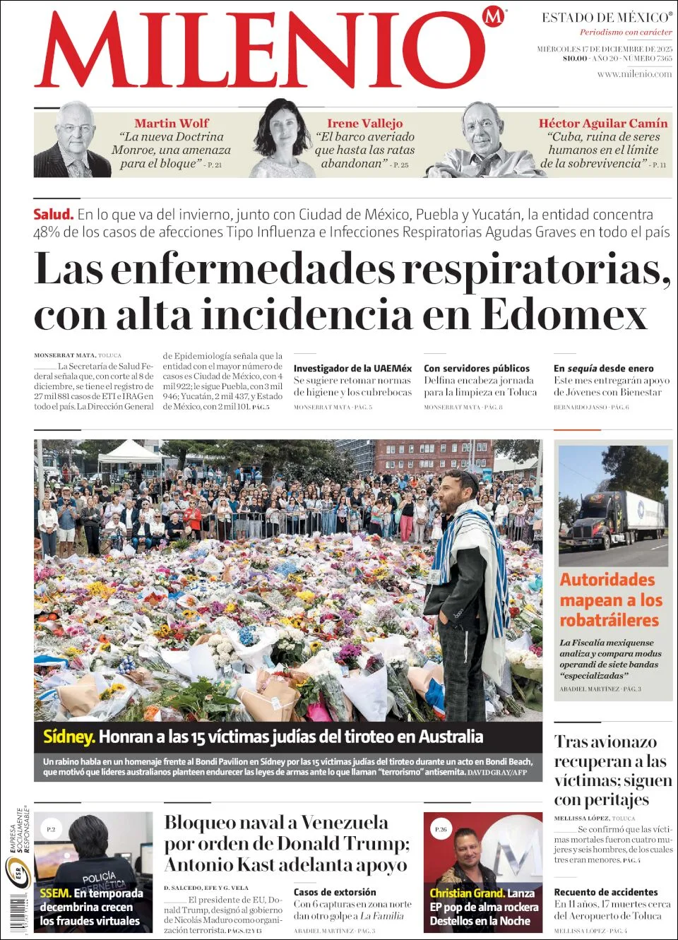 Portada de Milenio Edo de Mexico del miércoles, 17 de diciembre de 2025