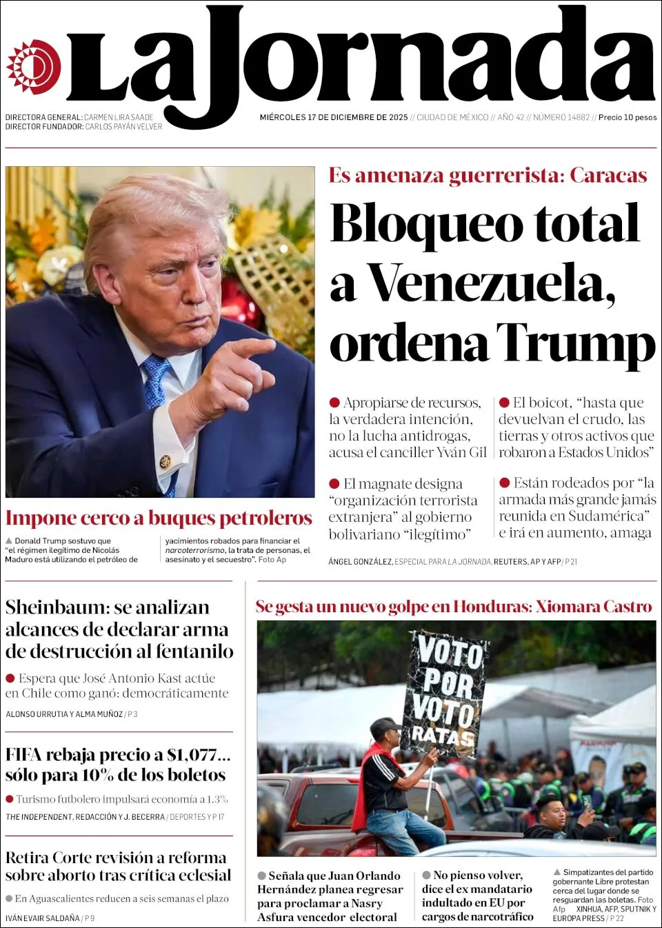 Portada de La Jornada del miércoles, 17 de diciembre de 2025