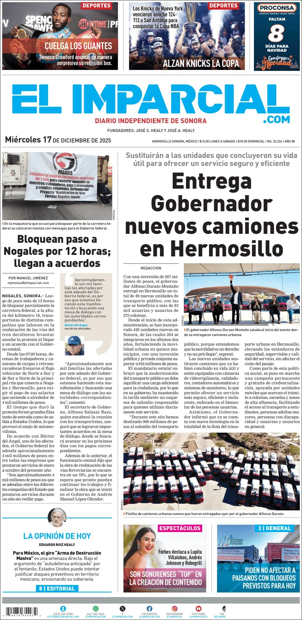 Portada de El Imparcial del miércoles, 17 de diciembre de 2025