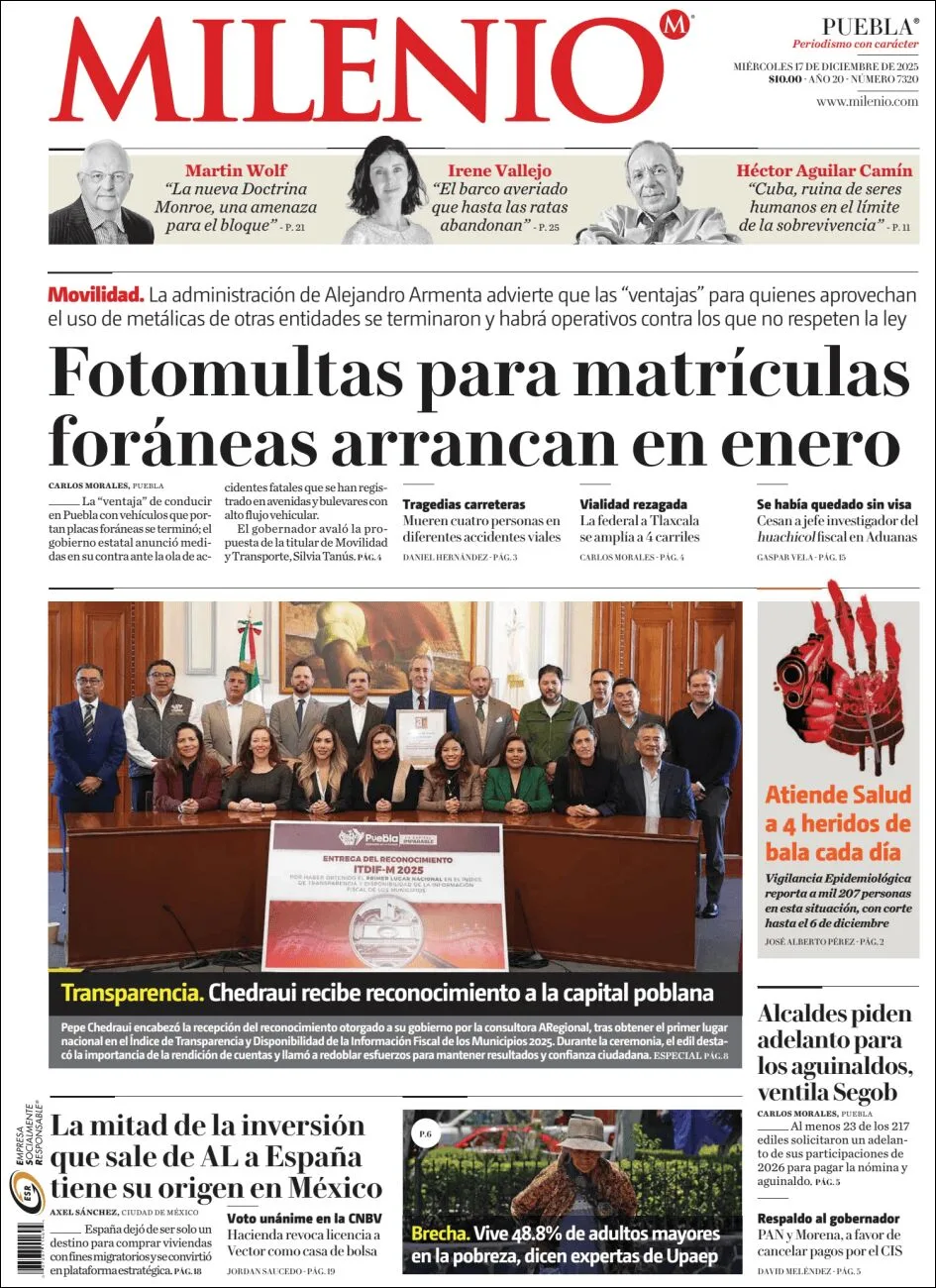 Portada de Milenio Puebla del miércoles, 17 de diciembre de 2025