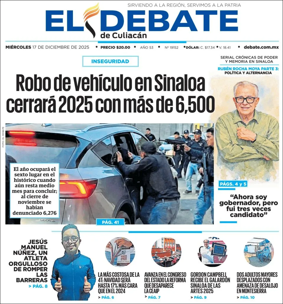 Portada de El Debate de Culiacan del miércoles, 17 de diciembre de 2025