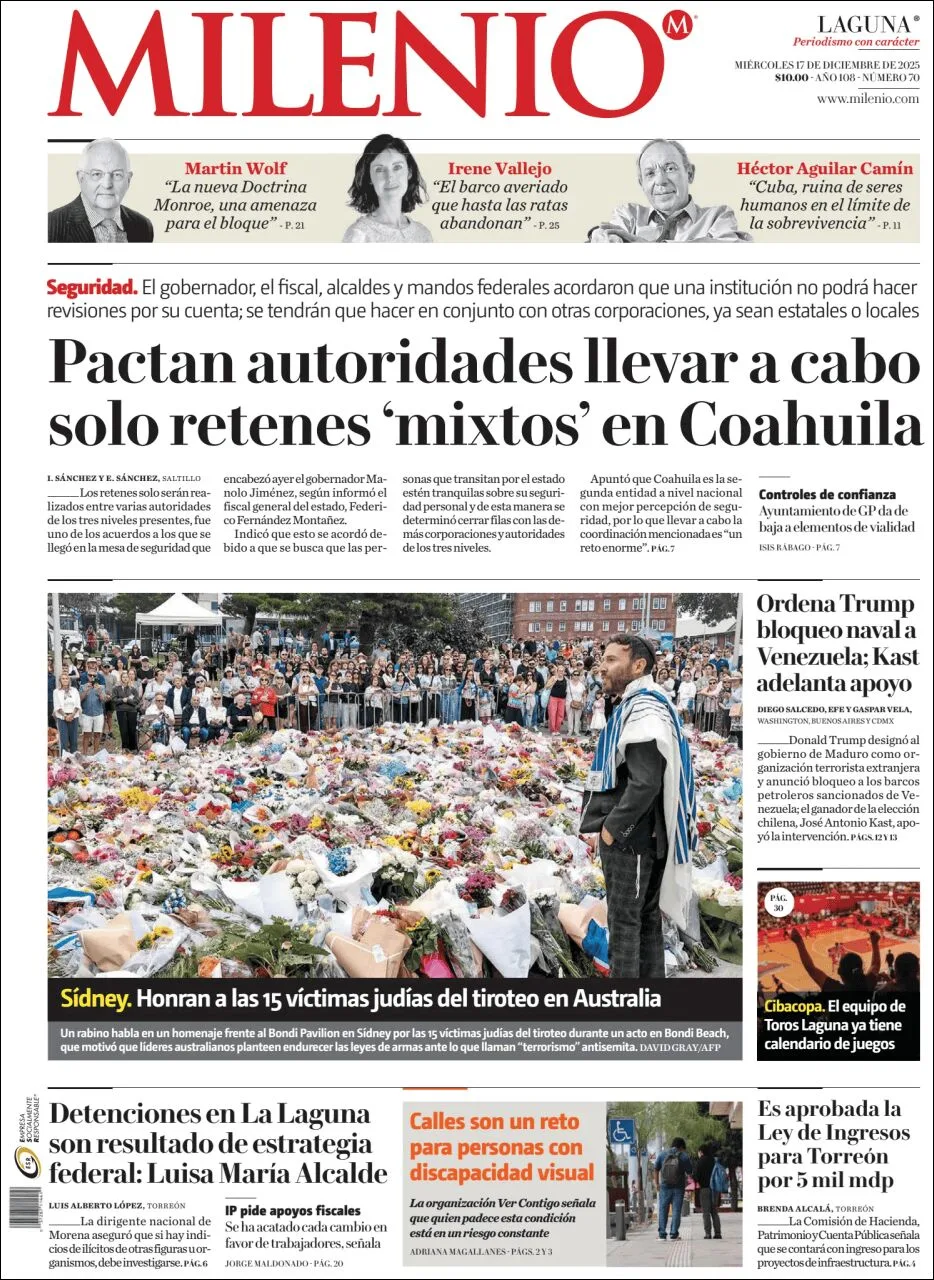 Portada de Milenio Laguna del miércoles, 17 de diciembre de 2025