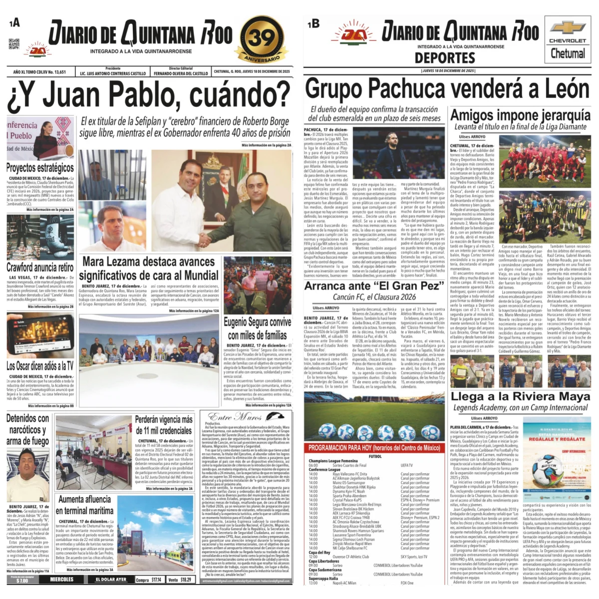 Portada de Diario de Quintana Roo (portada) del jueves, 18 de diciembre de 2025