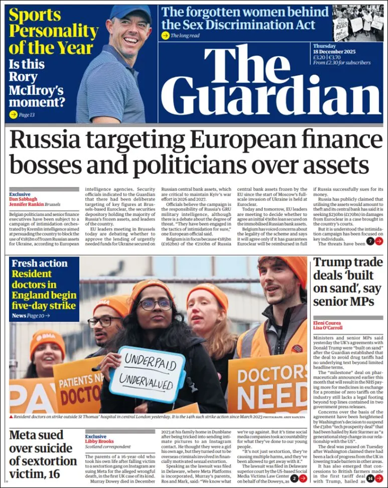 Portada de The Guardian (reino Unido) del jueves, 18 de diciembre de 2025