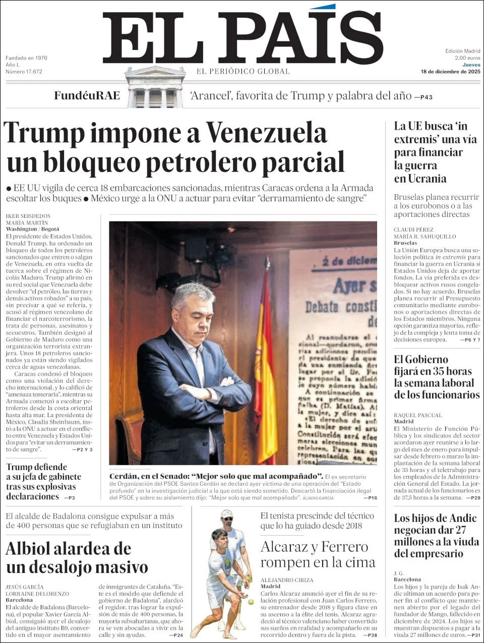 Portada de El Pais del jueves, 18 de diciembre de 2025
