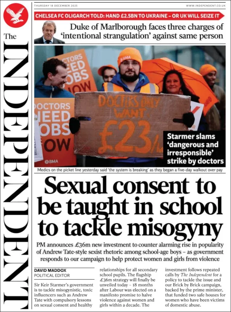 Portada de The Independent del jueves, 18 de diciembre de 2025