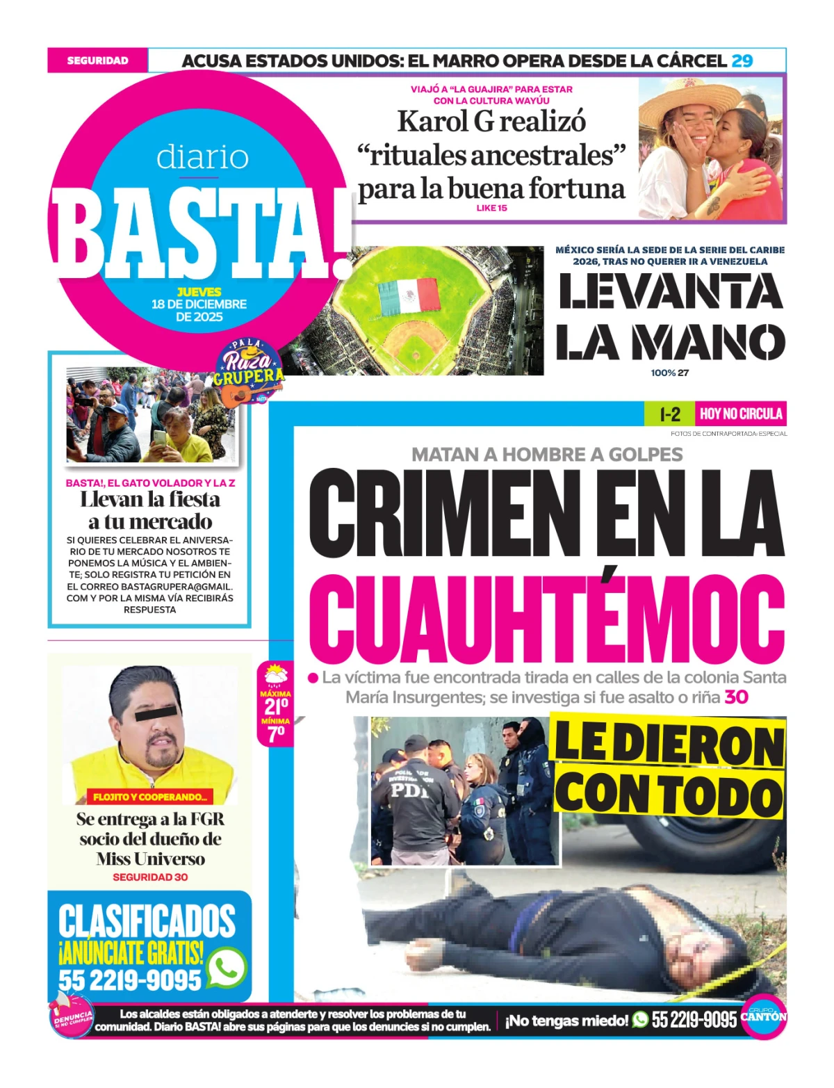 Portada de Basta! (contraportada) del jueves, 18 de diciembre de 2025