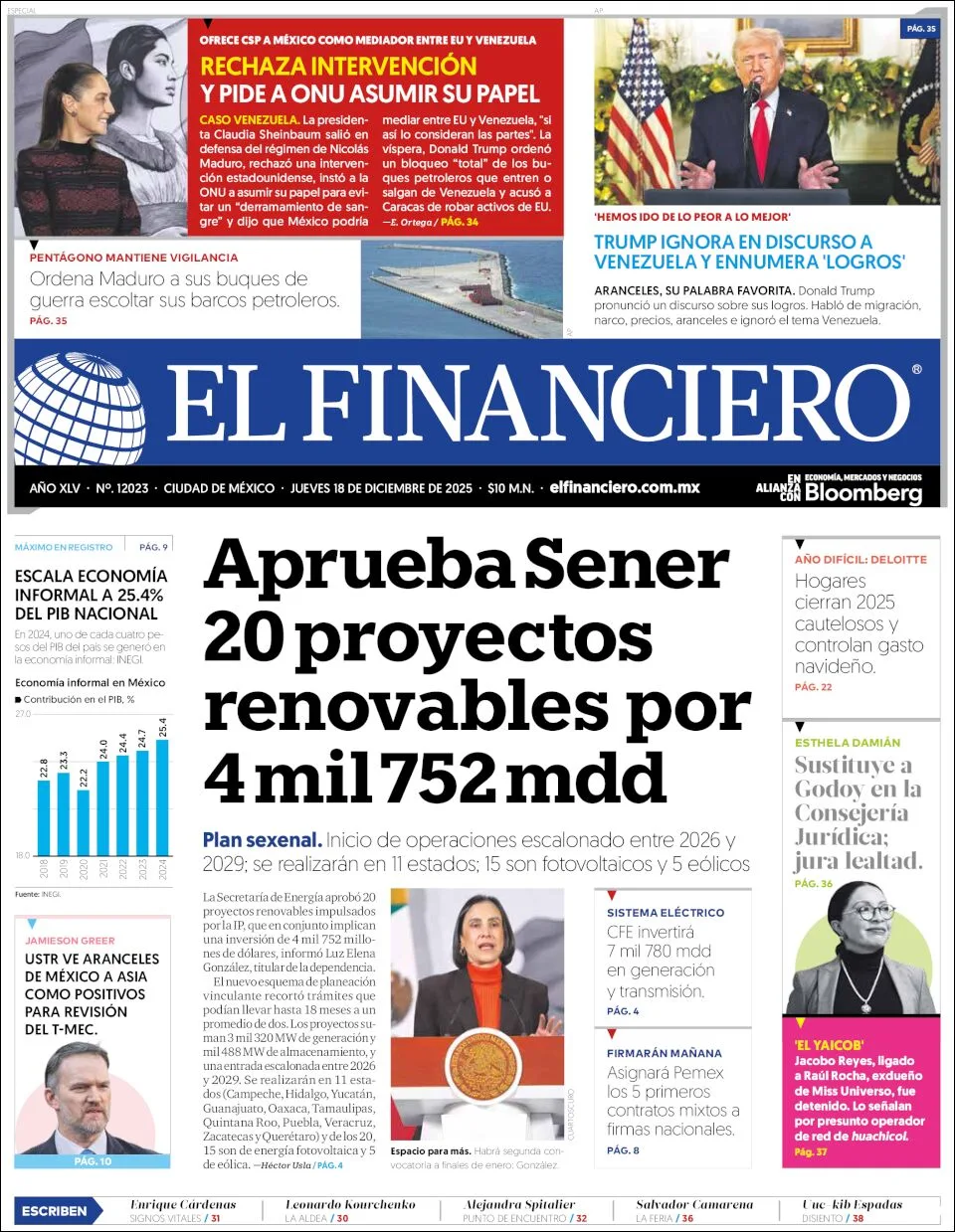 Portada de El Financiero del jueves, 18 de diciembre de 2025