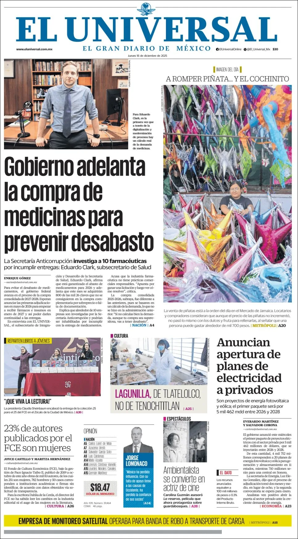 Portada de El Universal del jueves, 18 de diciembre de 2025