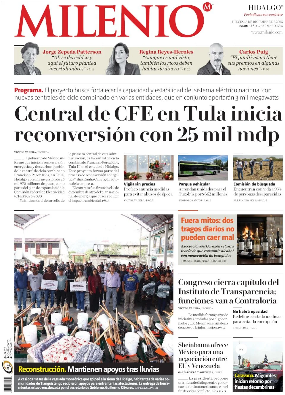 Portada de Milenio Hidalgo del jueves, 18 de diciembre de 2025