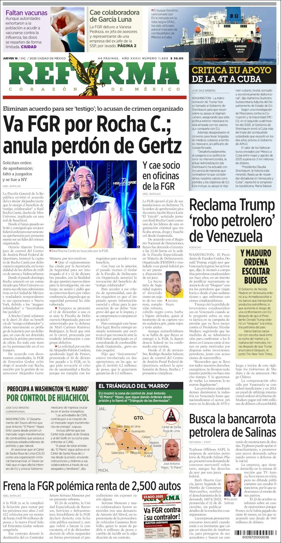 Portada de Reforma del jueves, 18 de diciembre de 2025