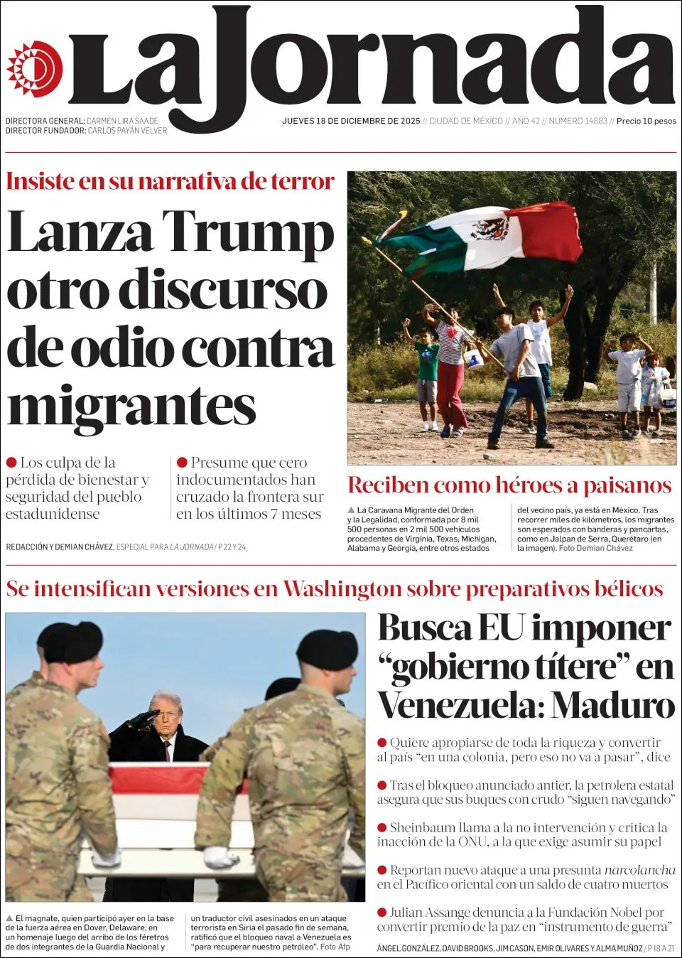 Portada de La Jornada del jueves, 18 de diciembre de 2025