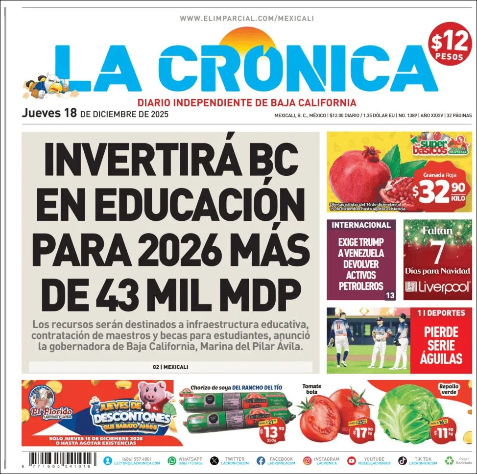 Portada de La Cronica del jueves, 18 de diciembre de 2025