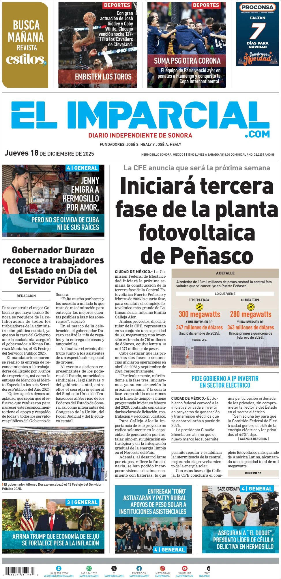 Portada de El Imparcial del jueves, 18 de diciembre de 2025