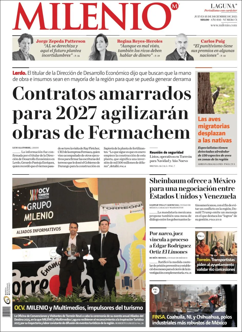 Portada de Milenio Laguna del jueves, 18 de diciembre de 2025