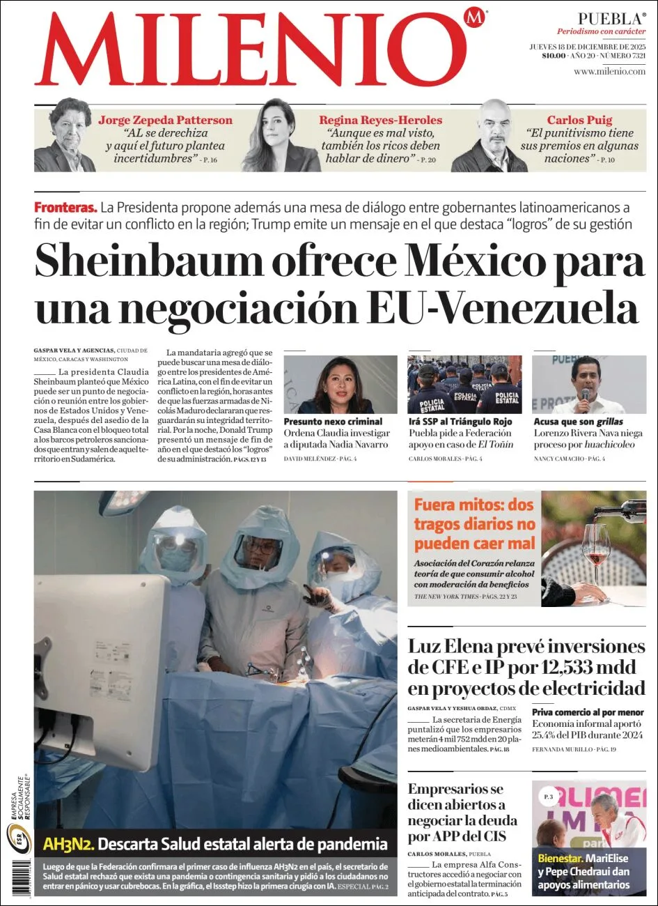 Portada de Milenio Puebla del jueves, 18 de diciembre de 2025