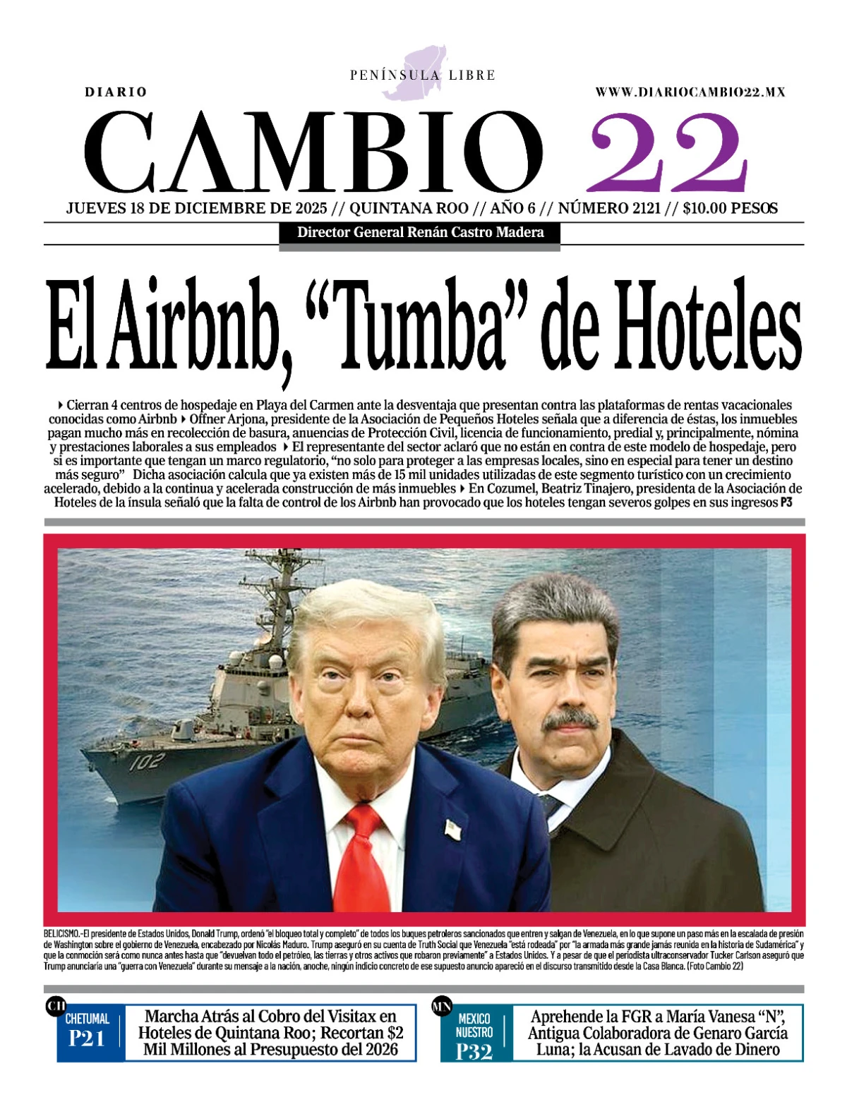 Portada de Diario Cambio 22 (contraportada) del jueves, 18 de diciembre de 2025