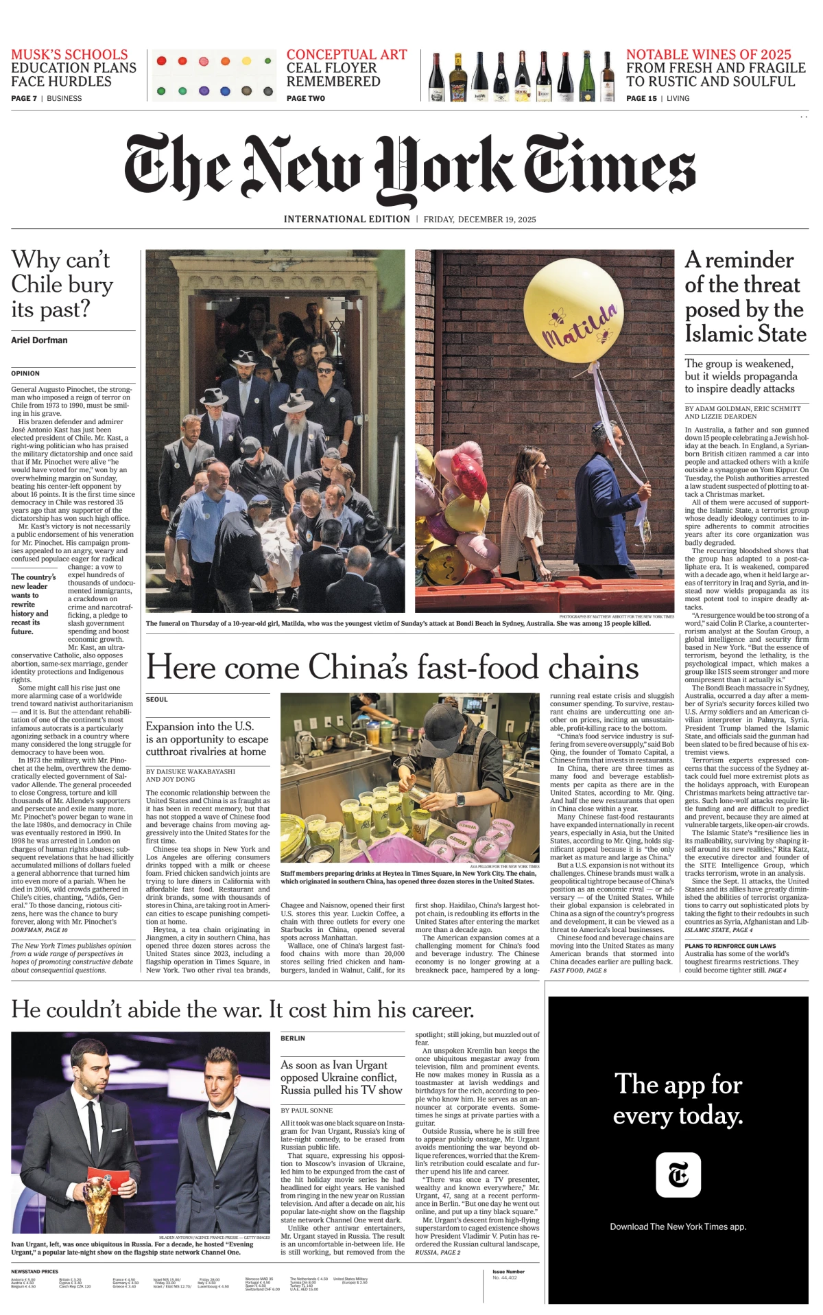 Portada de The New York Times (international) del viernes, 19 de diciembre de 2025