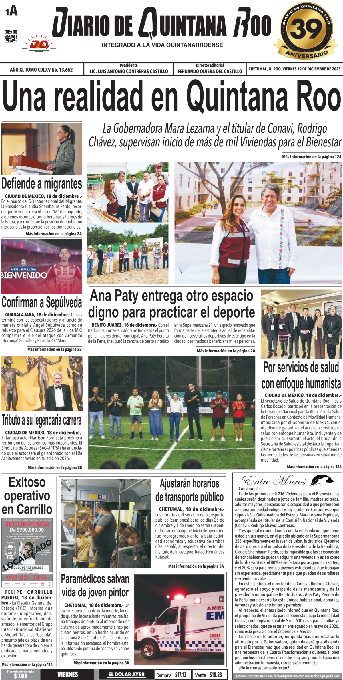 Portada de Diario de Quintana Roo (portada) del viernes, 19 de diciembre de 2025