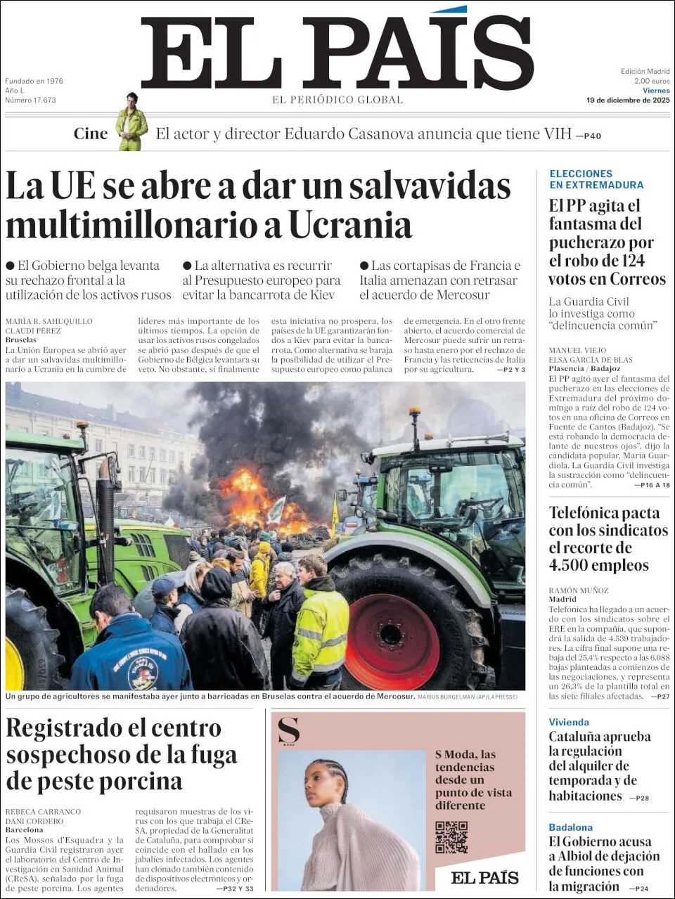 Portada de El Pais del viernes, 19 de diciembre de 2025