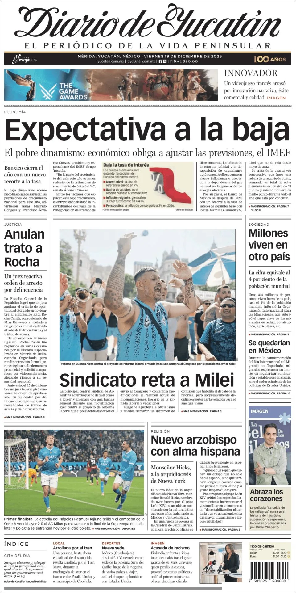 Portada de Diario de Yucatán del viernes, 19 de diciembre de 2025