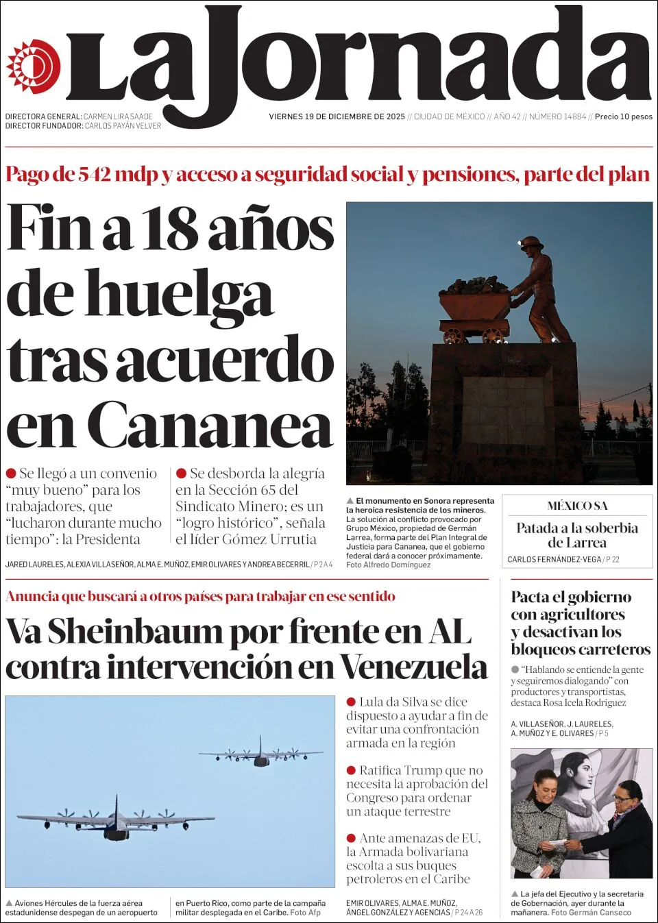 Portada de La Jornada del viernes, 19 de diciembre de 2025