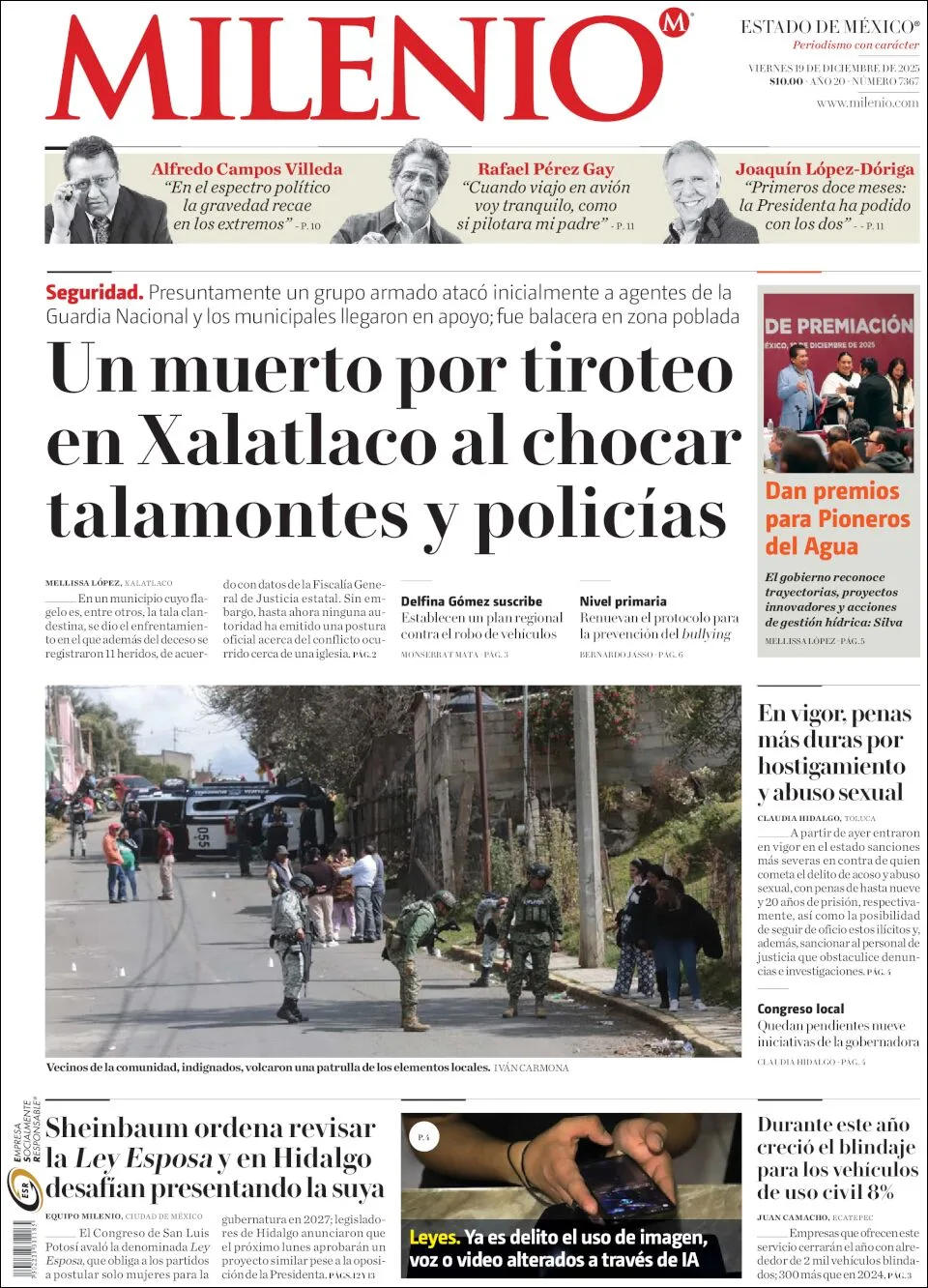 Portada de Milenio Edo de Mexico del viernes, 19 de diciembre de 2025
