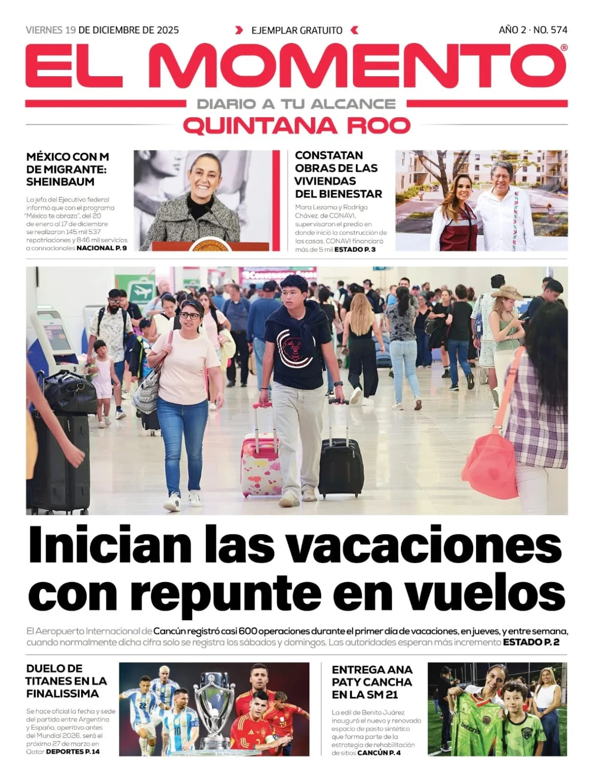 Portada de El Momento Quintana Roo del viernes, 19 de diciembre de 2025