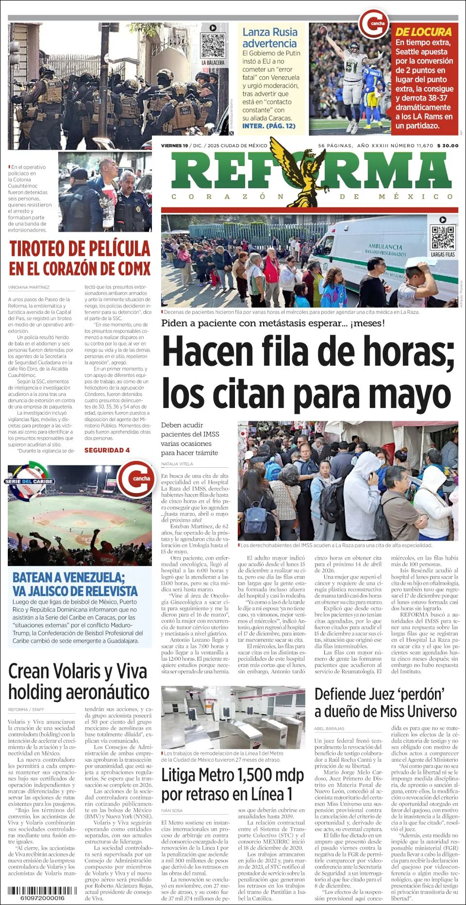 Portada de Reforma del viernes, 19 de diciembre de 2025