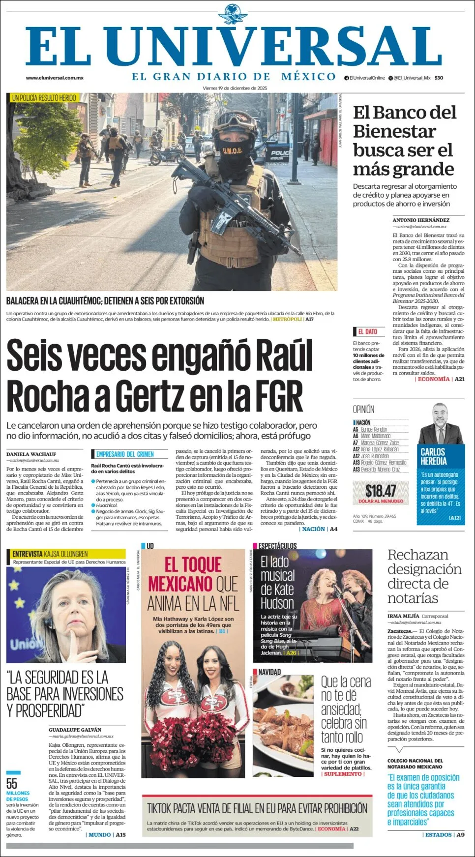 Portada de El Universal del viernes, 19 de diciembre de 2025