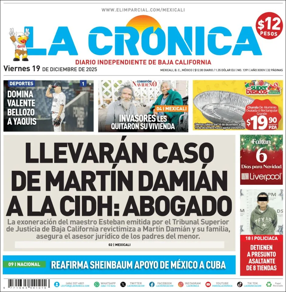Portada de La Cronica del viernes, 19 de diciembre de 2025