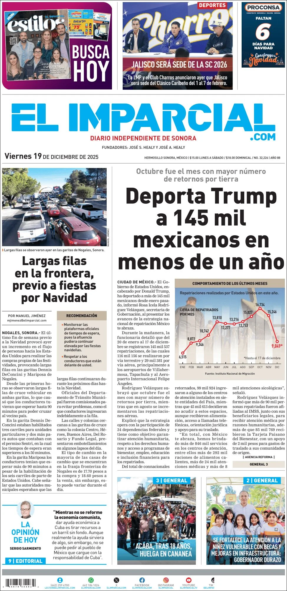 Portada de El Imparcial del viernes, 19 de diciembre de 2025