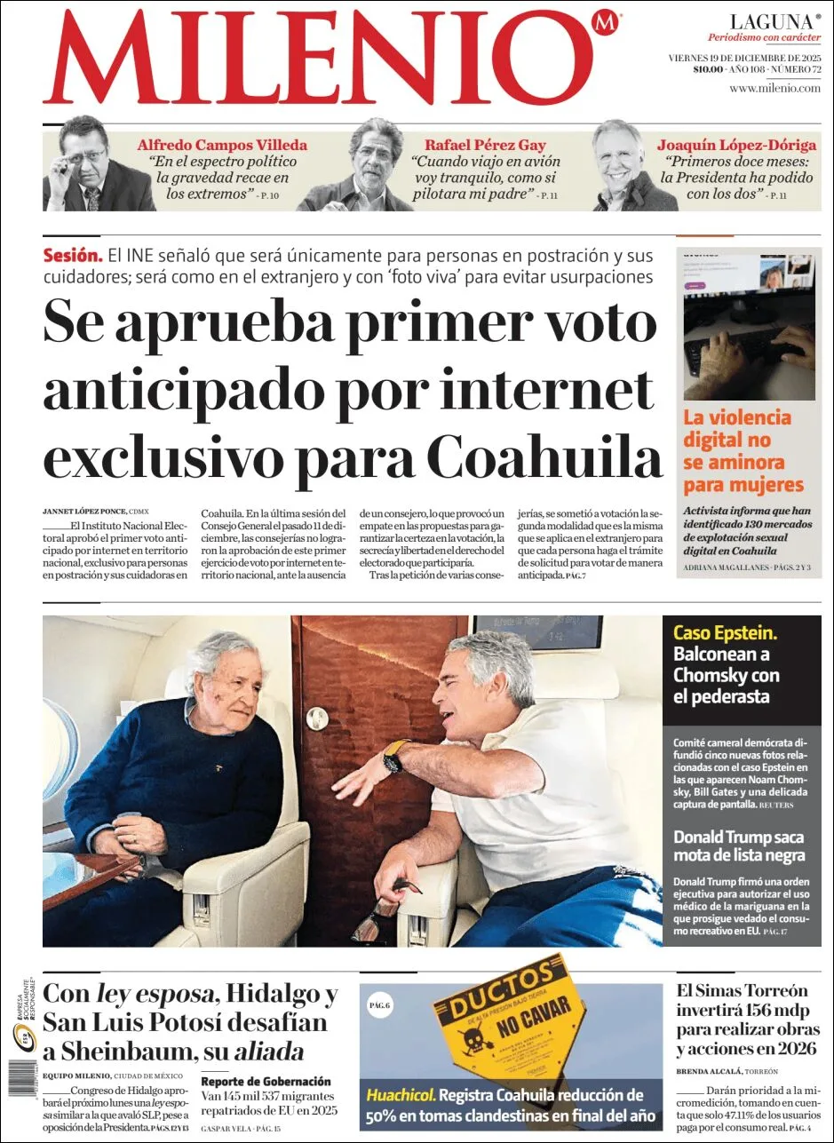 Portada de Milenio Laguna del viernes, 19 de diciembre de 2025