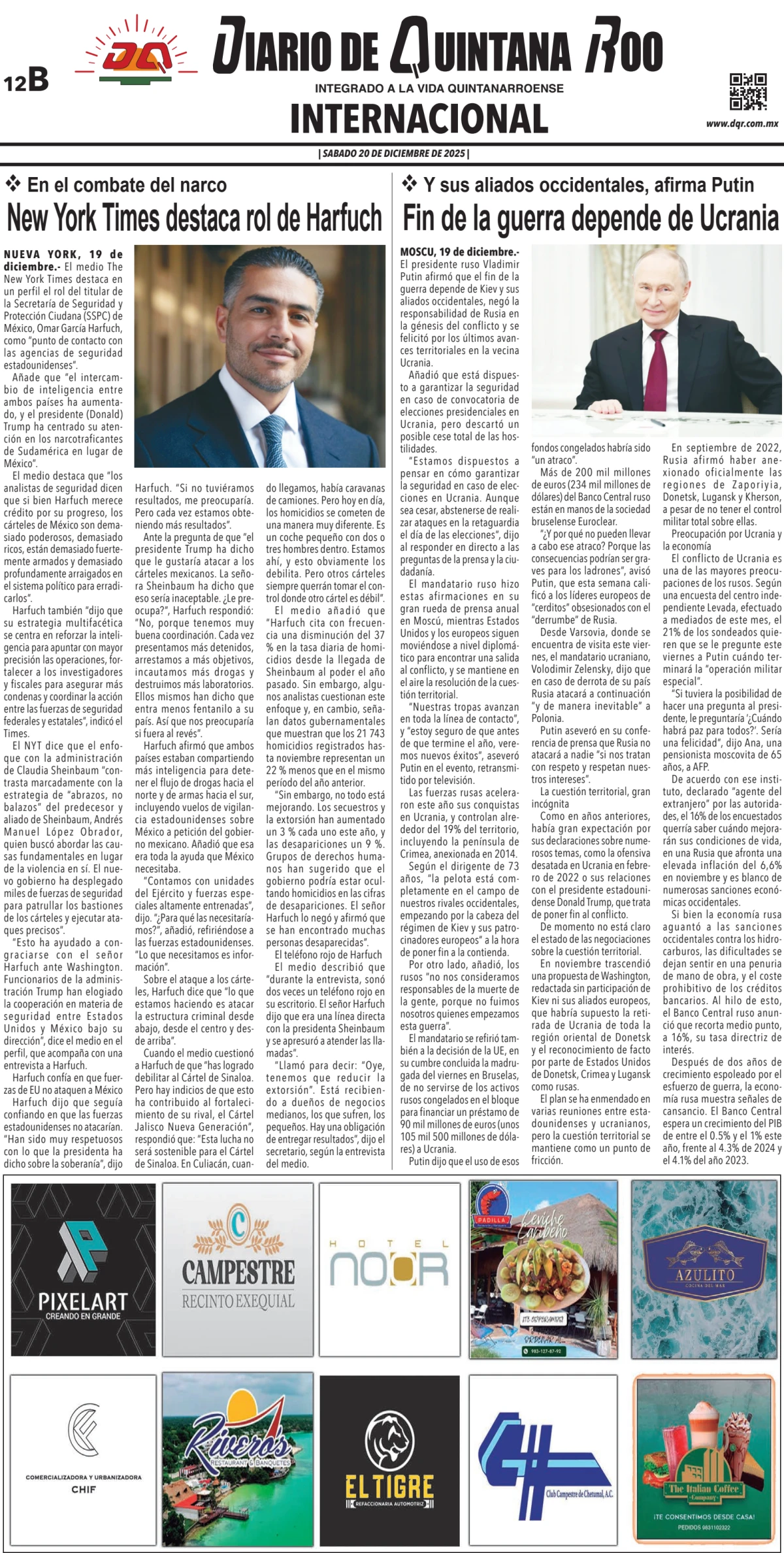 Portada de Diario de Quintana Roo (contra Portada) del sábado, 20 de diciembre de 2025