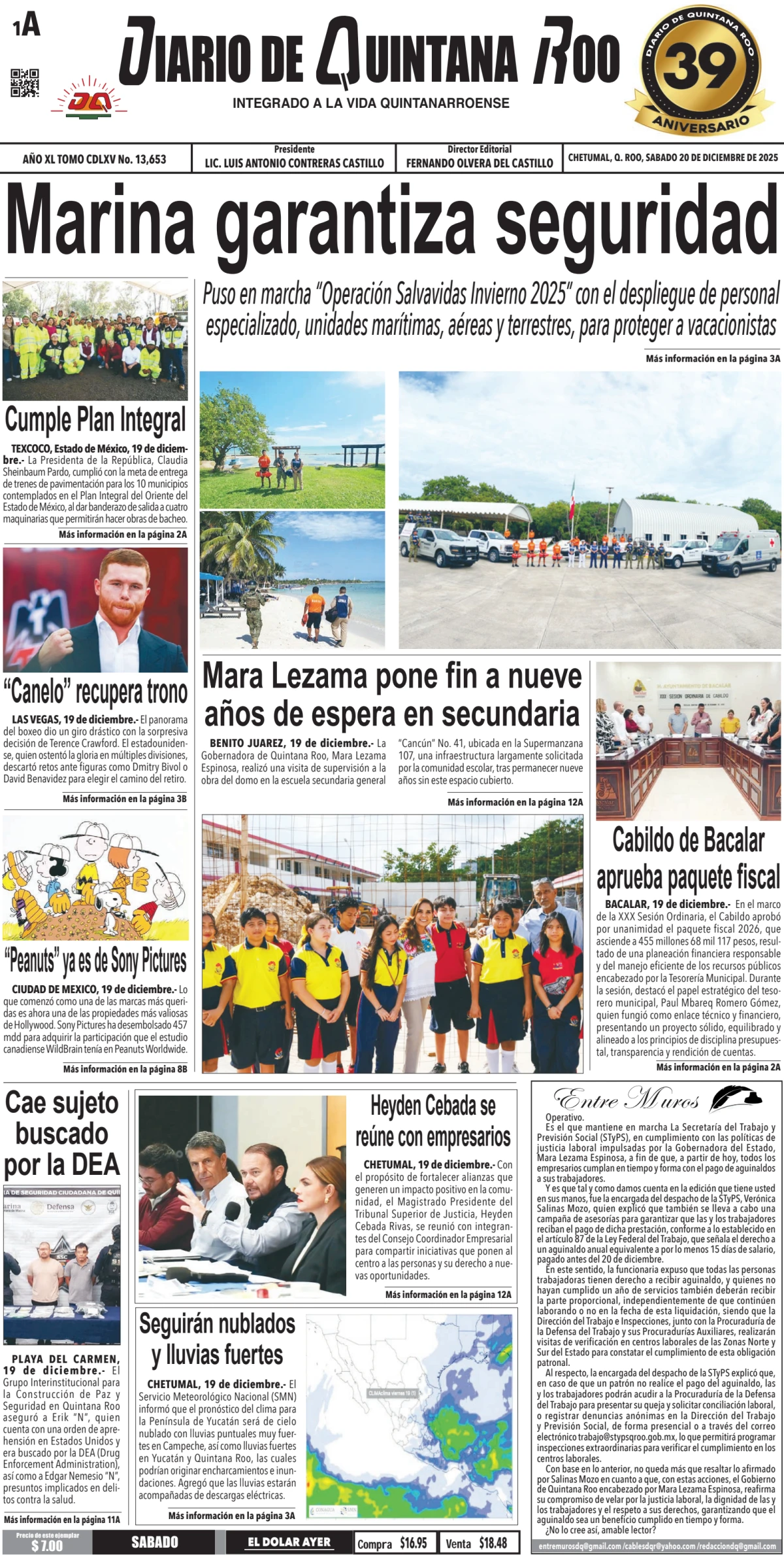 Portada de Diario de Quintana Roo (portada) del sábado, 20 de diciembre de 2025