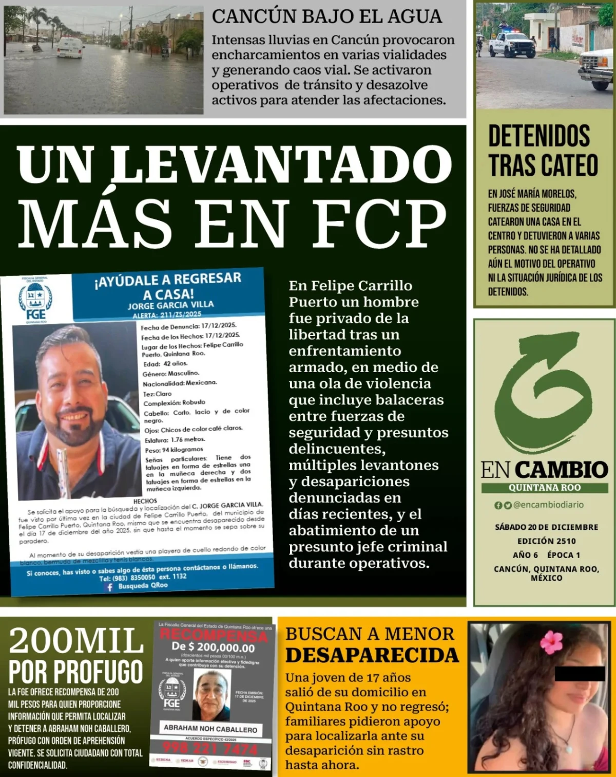 Portada de En Cambio - Quintana Roo (contraportada) del sábado, 20 de diciembre de 2025