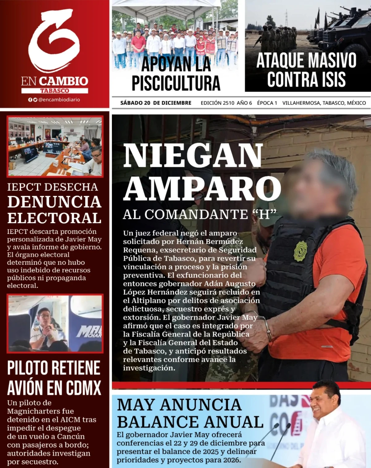 Portada de En Cambio - Tabasco (portada) del sábado, 20 de diciembre de 2025