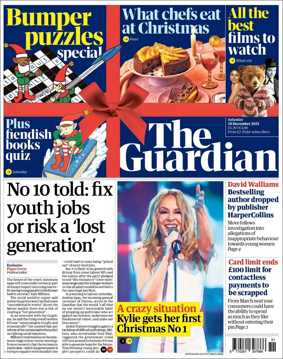 Portada de The Guardian (reino Unido) del sábado, 20 de diciembre de 2025